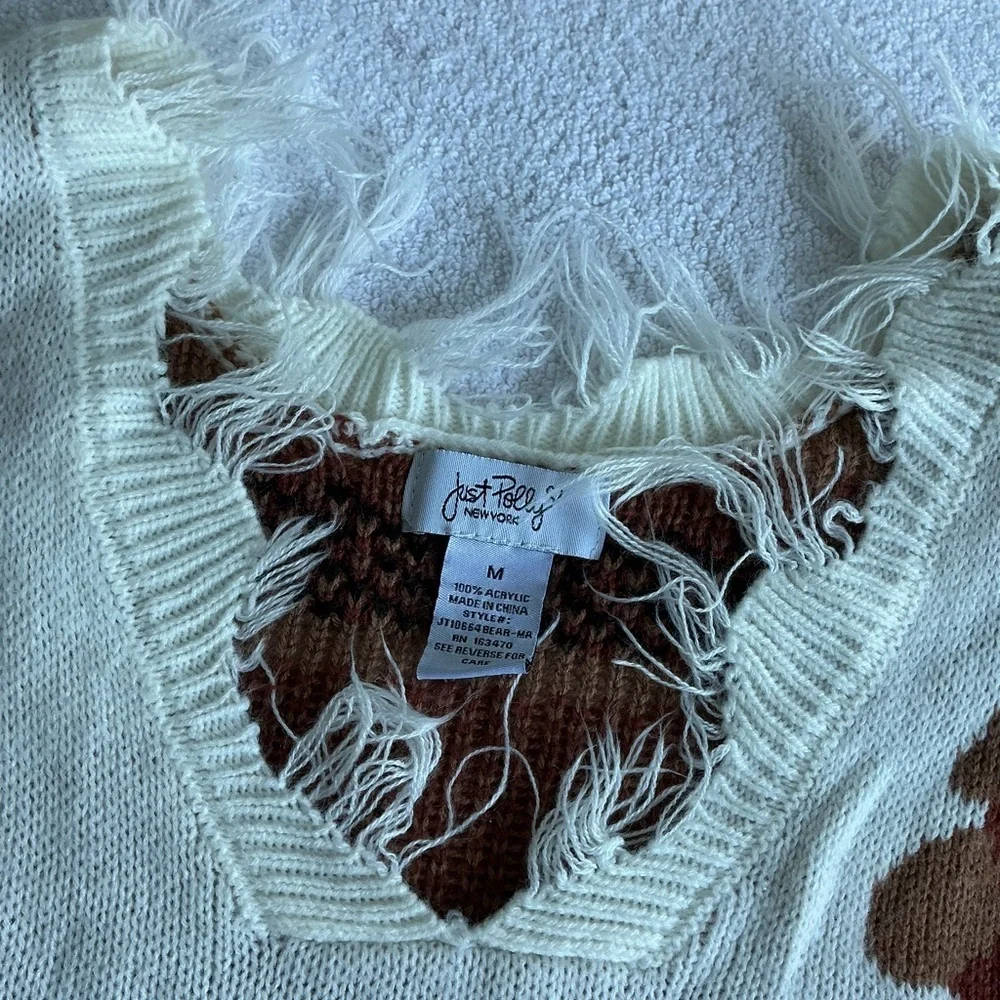 Just Polly NY Teddy Bear Sweater Women's Medium V-Neck Fray Frilly Knit